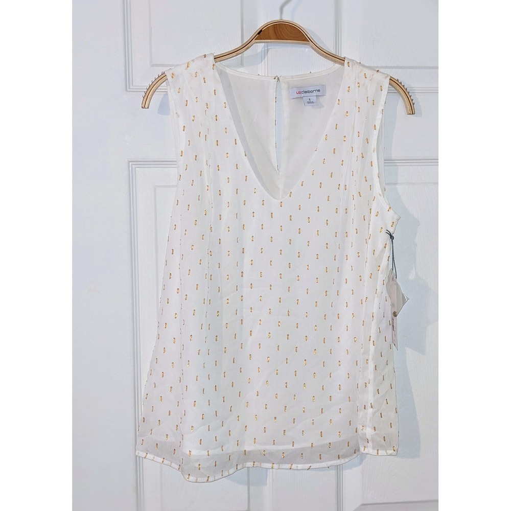 Liz Claiborne Sleeveless Top Gold Metallic Detail V-Neck‎ Blouse Size S NWT